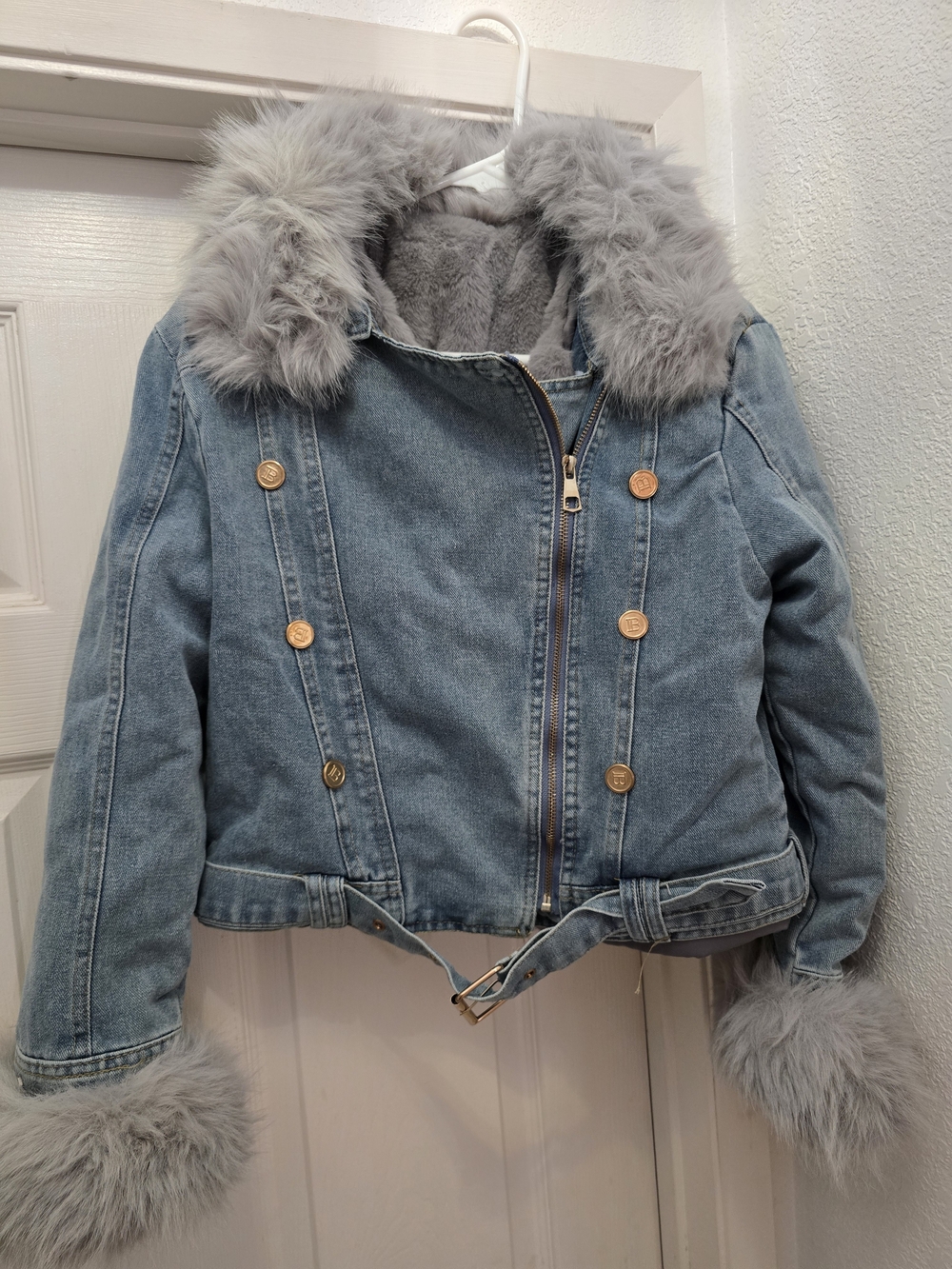 Light Blue Denim Jacket with Faux Fur Trim